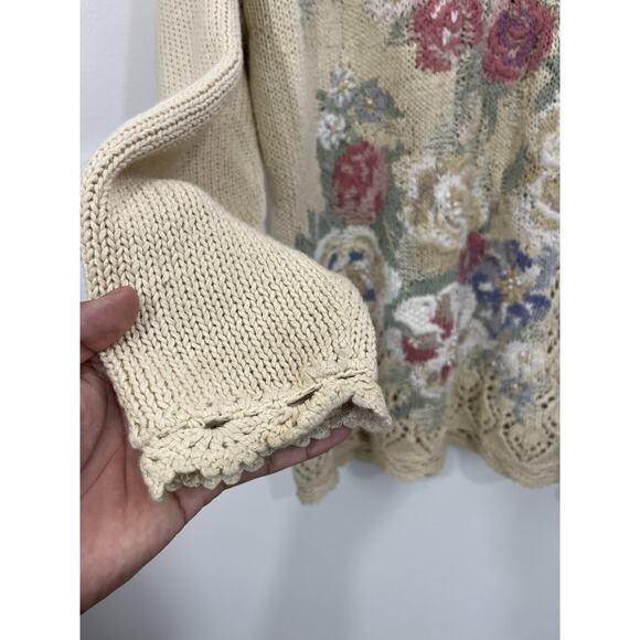Vtg Hand Knit Chunky Ramie Floral Embroidery Grandma Garden Cottagecore Sweater - Picture 3 of 11